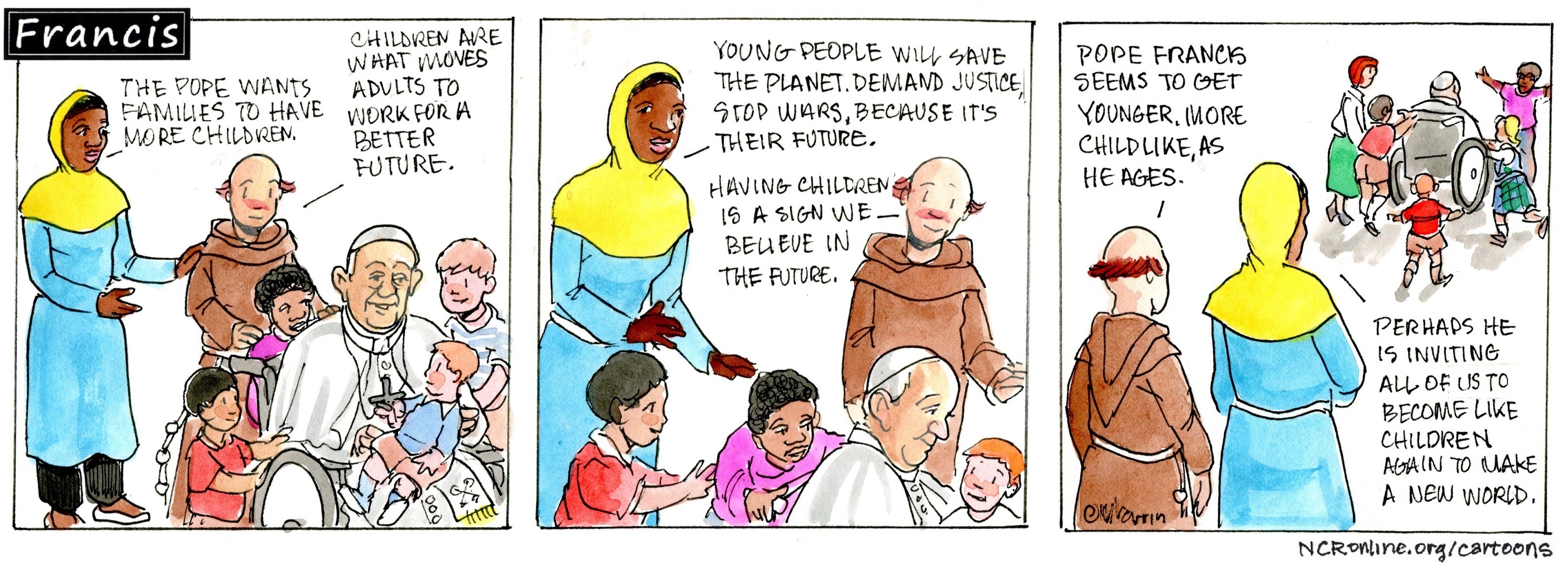 Francis, the comic strip: Gabby and Brother Leo agree that children are the future. 