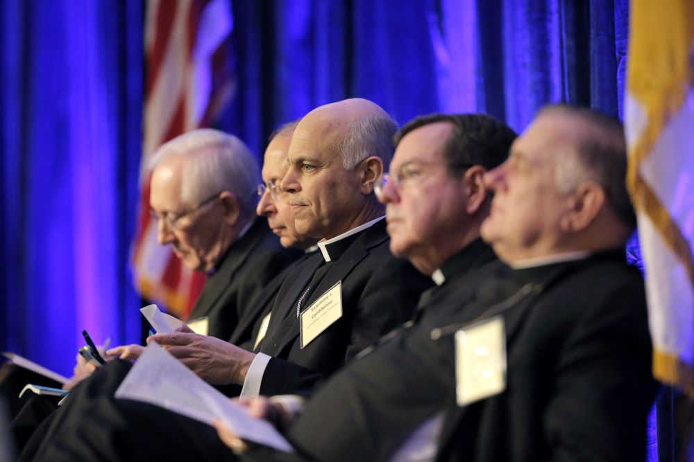 Members of the working group for the Faithful Citizenship document participate in the 2015 fall general assembly of the U.S. Conference of Catholic Bishops in Baltimore. Pictured are Archbishop Leonard Blair of Hartford, Conn.; Baltimore Archbishop William Lori; San Francisco Archbishop Salvatore Cordileone; Detroit Archbishop Allen Vigneron and Archbishop Thomas Wenski of Miami. (CNS/Bob Roller) 