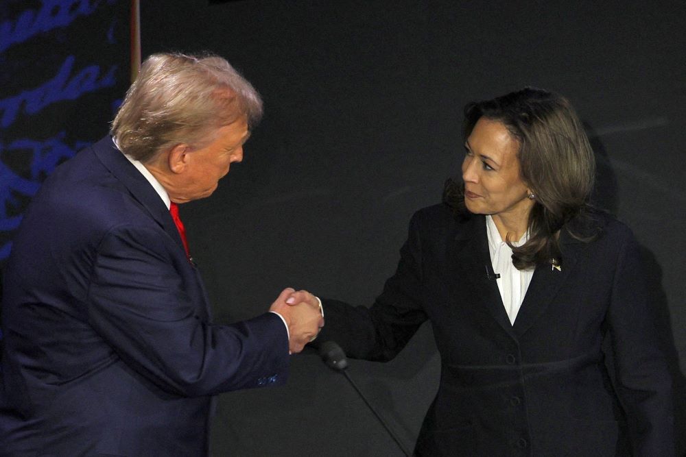 U.S. Vice President and Democratic presidential candidate Kamala Harris, and Republican presidential nominee and former U.S. President Donald Trump, greet each other before taking part in the presidential debate at the National Constitution Center in Philadelphia Sept. 10. 