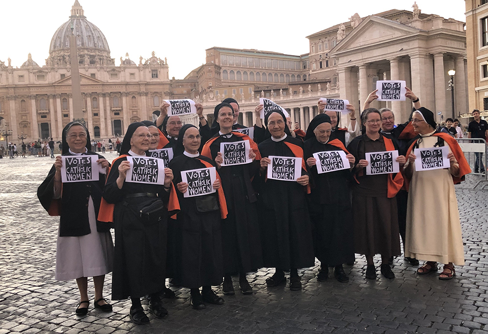 A group of Benedictine nuns from Fahr Monastery near Basel, Switzerland, call for "Votes for Catholic Women" at the Vatican during the October 2019 Synod of Bishops for the Amazon. (OSV News/Global Sisters Report/Deborah-Rose Milavec)