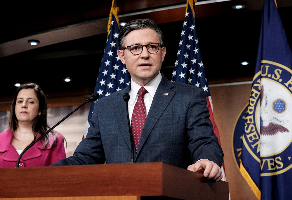 U.S. House of Representatives Speaker Mike Johnson (R-La.) speaks to reporters during a weekly press conference at Capitol Hill in Washington, on April 16. (OSV News/Reuters/Michael A. McCoy)