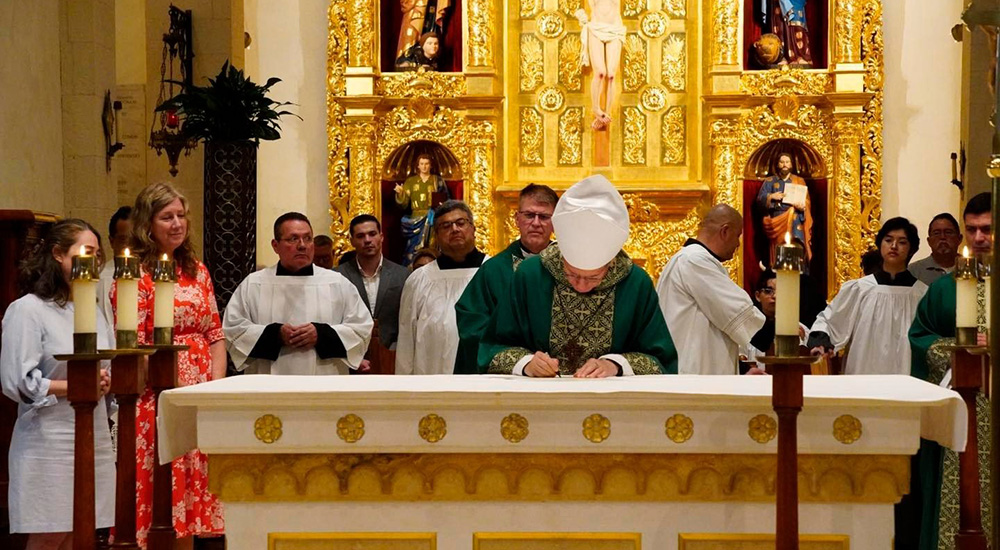 Archbishop Gustavo García-Siller of San Antonio signed commitment documents regarding the Laudato Si’ Action Platform on July 28 at two Masses, in Spanish and English, at the Cathedral of San Fernando. (OSV News/Courtesy of Today's Catholic)