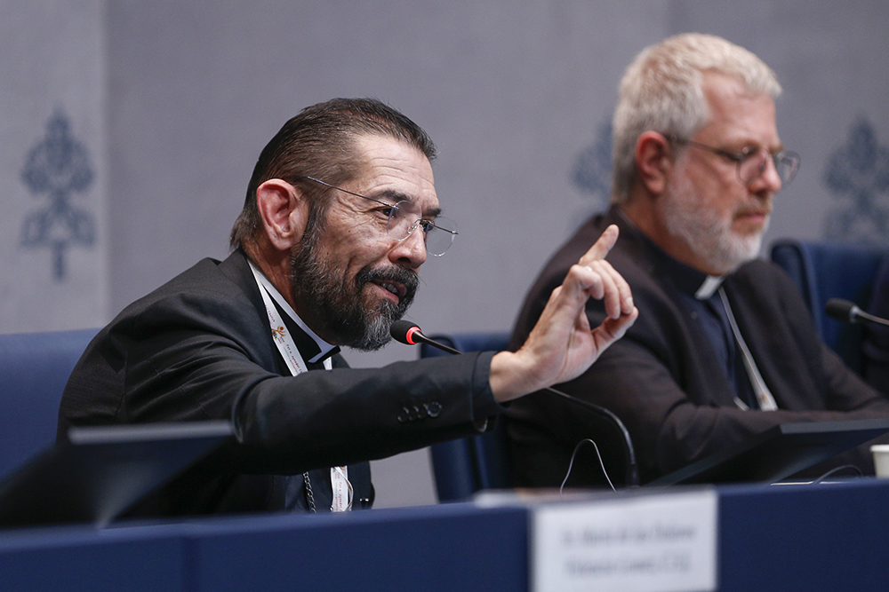 Bishop Daniel Flores of Brownsville, Texas, speaks at a news conference in the Vatican press office during the Synod of Bishops Oct. 3, 2024. (CNS/Robert Duncan)