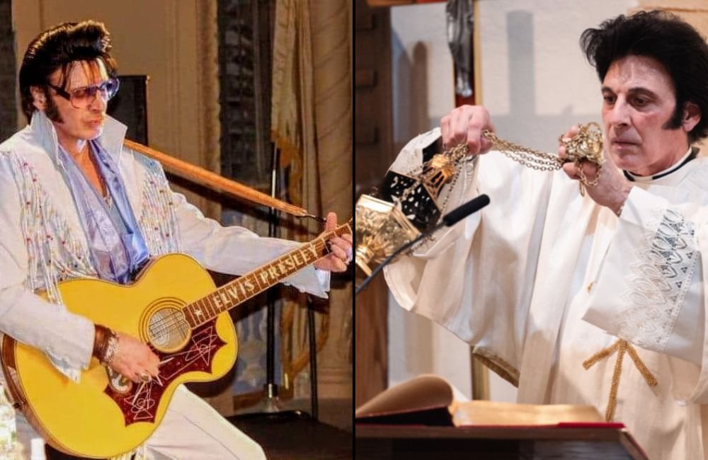 Combination photo: on left Liguori wears Elvis costume and plays guitar; on right he is vested as acolyte and swings thurifer.