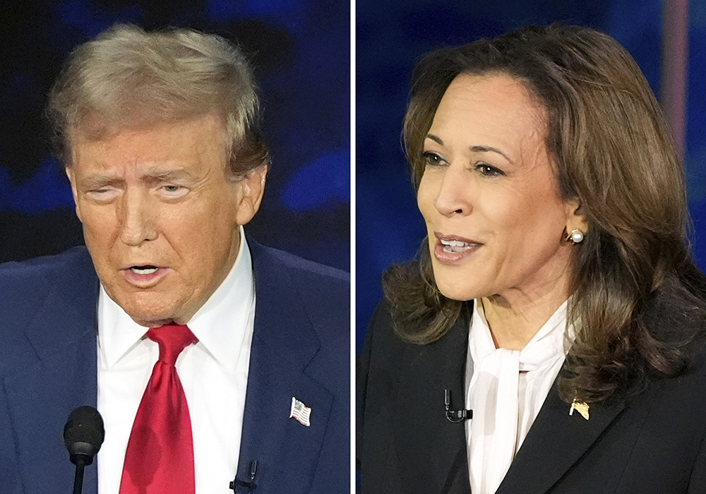 This combination of photos shows Republican presidential nominee former President Donald Trump, left, and Democratic presidential nominee Vice President Kamala Harris during an ABC News presidential debate at the National Constitution Center, Sept. 10 in Philadelphia. (AP photo/Alex Brandon, File)