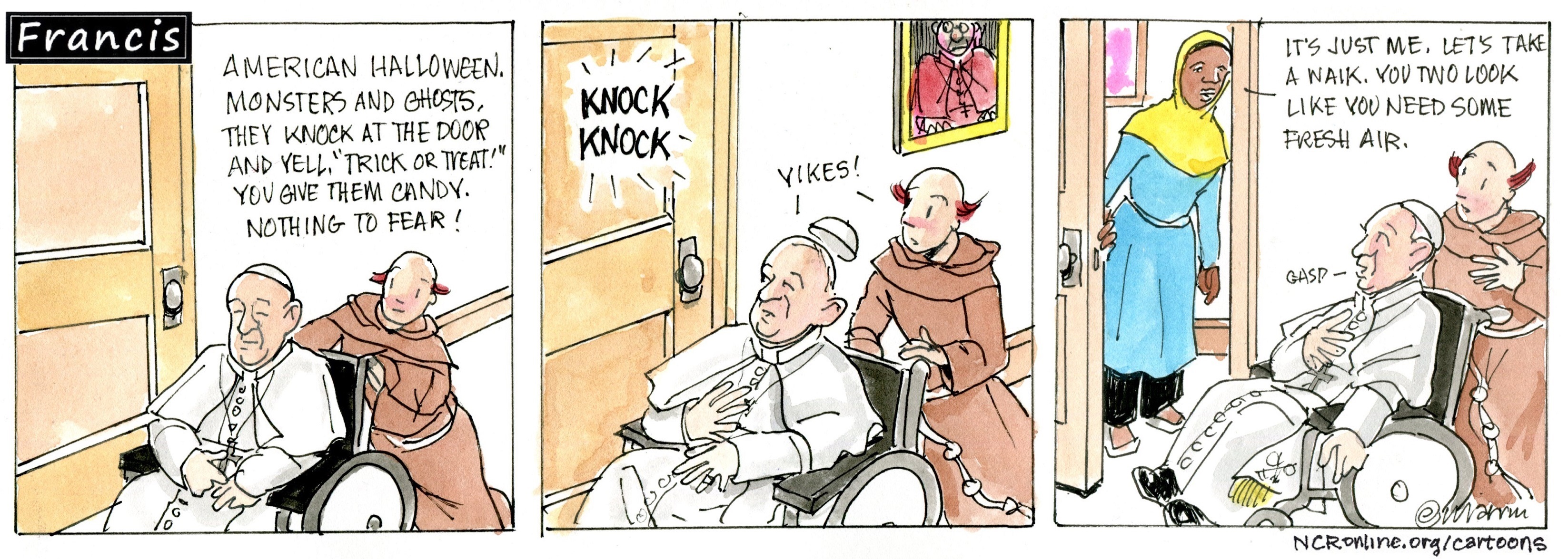 Francis, the comic strip: On Halloween, Francis and Brother Leo are spooked by a knock on the door. 