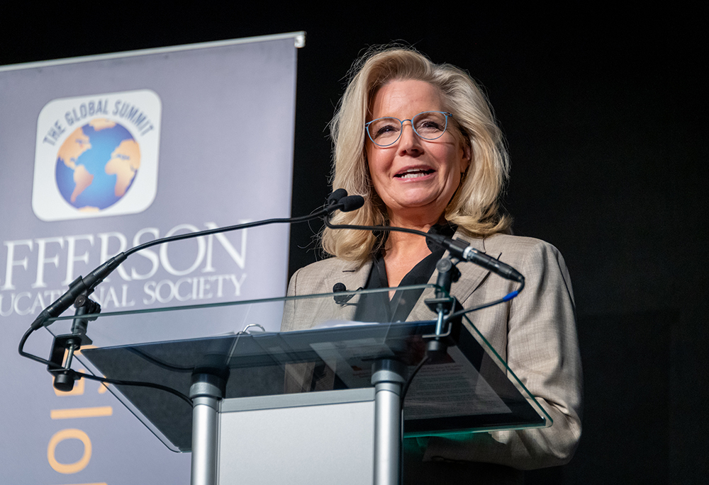 Former Wyoming Republican Rep. Liz Cheney addresses the crowd during an event at the Bayfront Convention Center, Oct. 17  in Erie, Pennsylvania. (NCR photo/ Rick Klein)