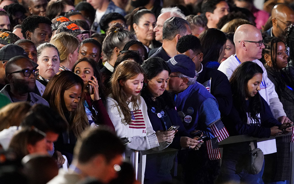 Supporters of Democratic presidential nominee U.S. Vice President Kamala Harris react to early election results during an Election Night rally at Howard University in Washington Nov. 5, 2024. Harris' Republican rival, Donald Trump, was elected the 47th president of the United States. (OSV News/Reuters/Kevin Lamarque)