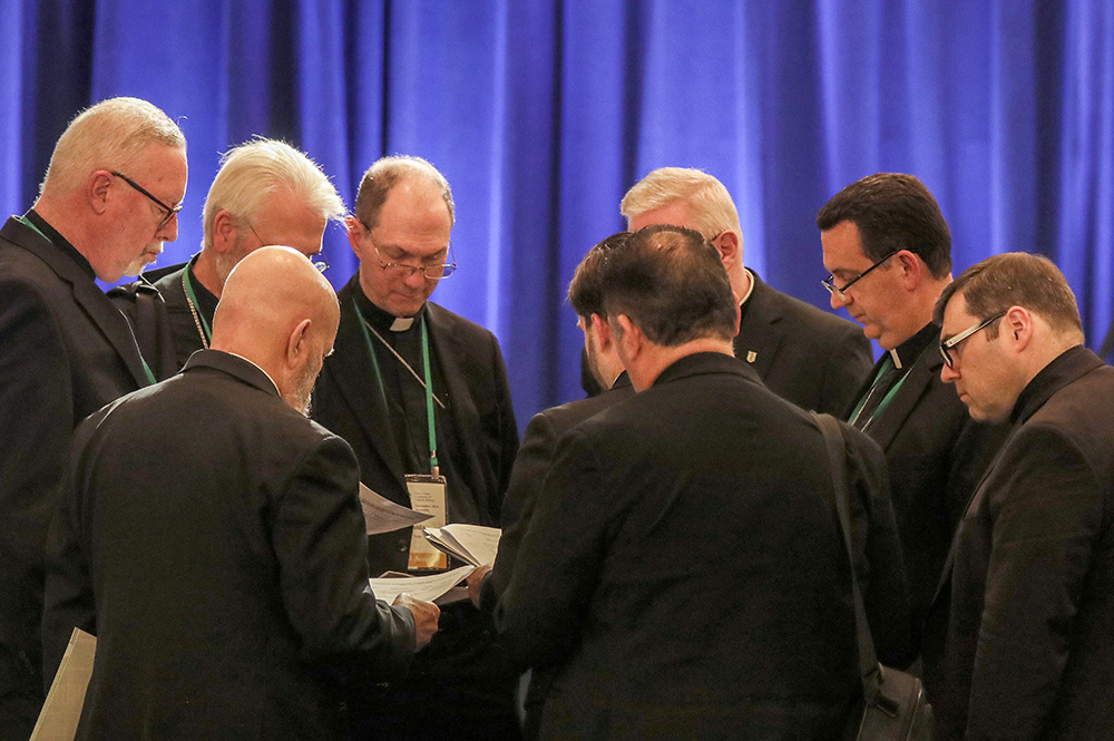 Bishops look over paperwork at the end of a Nov. 12 session of the 2024 fall general assembly of the U.S. Conference of Catholic Bishops in Baltimore. (OSV News/Bob Roller)