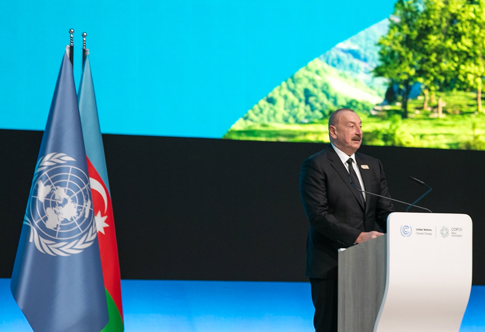 Azerbaijan President Ilham Aliyev speaks during the opening of the world leaders climate action summit Nov. 12 at COP29, the United Nations climate change conference. (UN Climate Change/Kiara Worth)