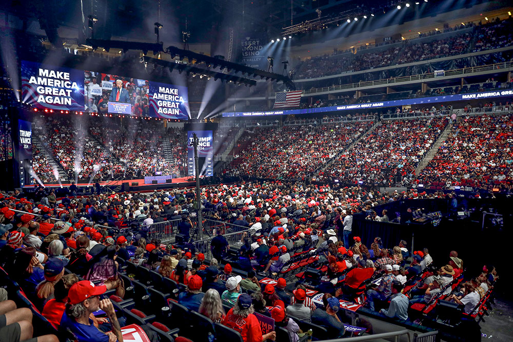 Donald Trump speaks to attendees at an Arizona for Trump rally at Desert Diamond Arena in Glendale, Arizona, on Aug. 23 during his presidential campaign. (Wikimedia Commons/Gage Skidmore)