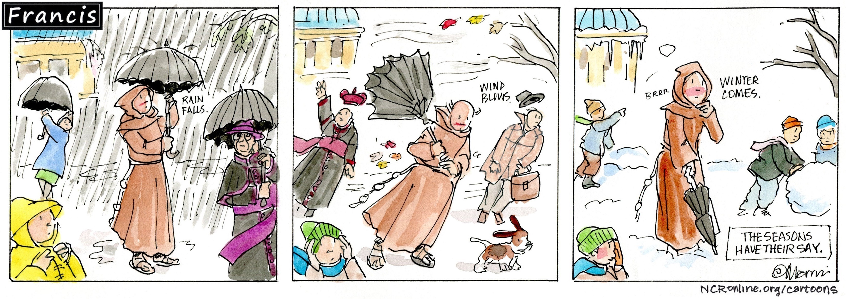 Francis, the comic strip: The seasons speak to Brother Leo.