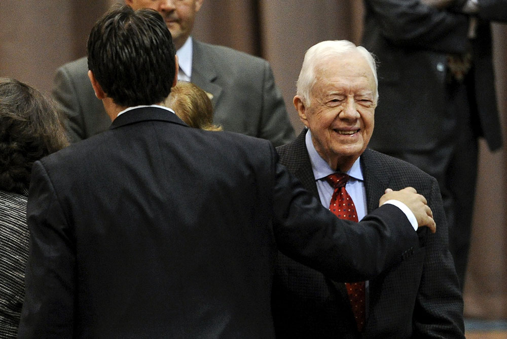 Former U.S. President Jimmy Carter arrives for an Aug. 20, 2015, news conference about his recent cancer diagnosis and treatment plans at The Carter Center in Atlanta. (CNS/Reuters/John Amis)