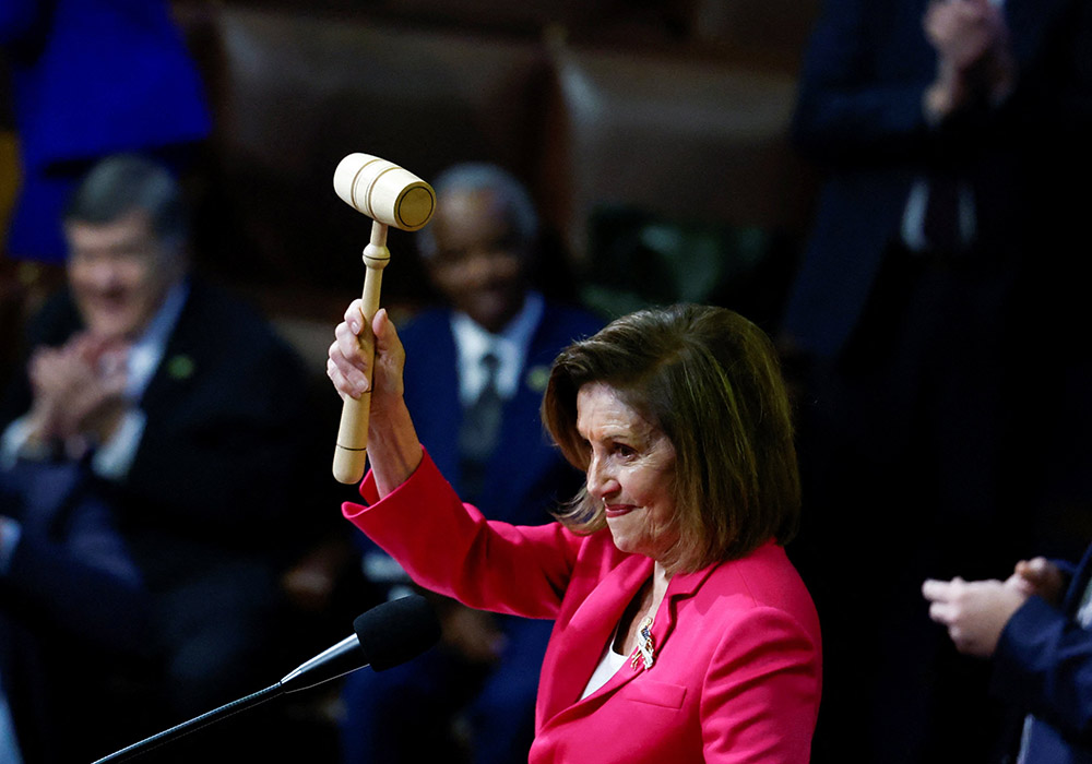 Outgoing U.S. Speaker of the House Nancy Pelosi, D-Calif., a Catholic, wields the gavel inside the House Chamber on the first day of the 118th Congress at the U.S. Capitol in Washington on Jan. 3, 2023. (CNS/Reuters/Evelyn Hockstein)