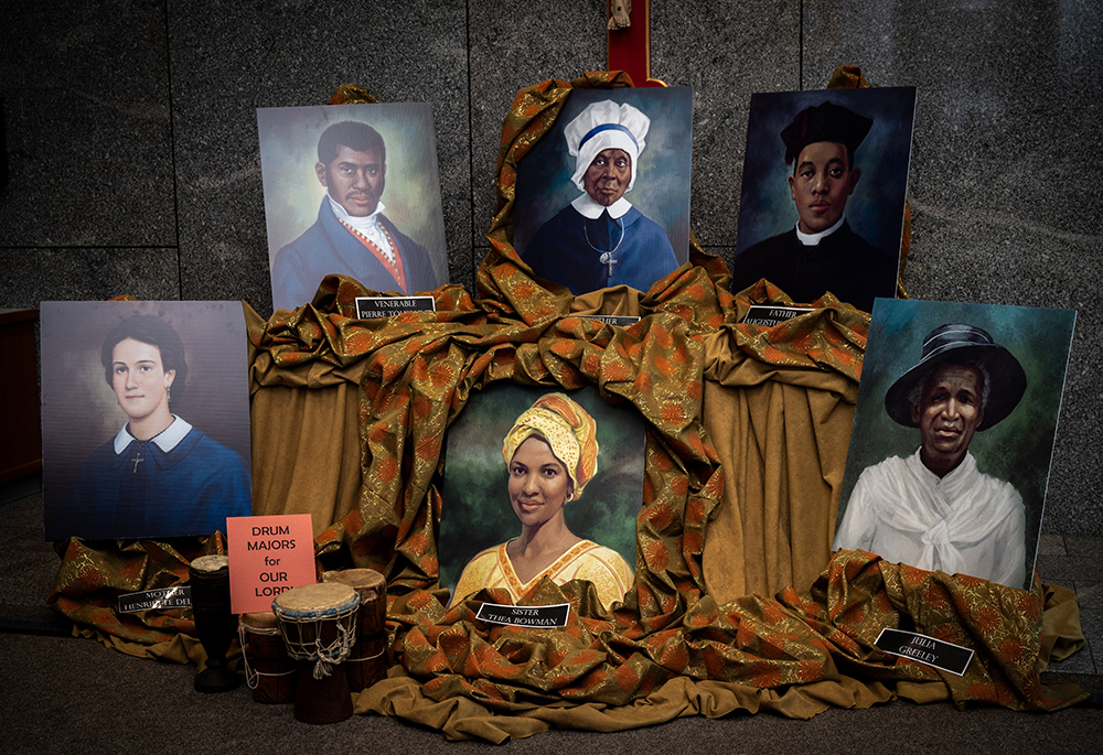 Portraits of six African Americans who are sainthood candidates are displayed in the lobby of the Catholic Center in Baltimore in November 2023 for Black Catholic History Month. The six are: (from left top row) Pierre Toussaint; Mother Mary Lange; and Fr. Augustus Tolton; from left bottom row are Mother Henriette Delille; Sr. Thea Bowman; and Julia Greeley. (OSV News/Catholic Review/Kevin J. Parks)