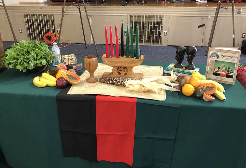 A Kwanzaa display is pictured at the Jefferson Branch Library in December in Pasadena, California, during an annual Kwanzaa celebration hosted by the Pasadena Alumnae Chapter of Delta Sigma Theta Sorority Inc. (Betty A. Harbison)