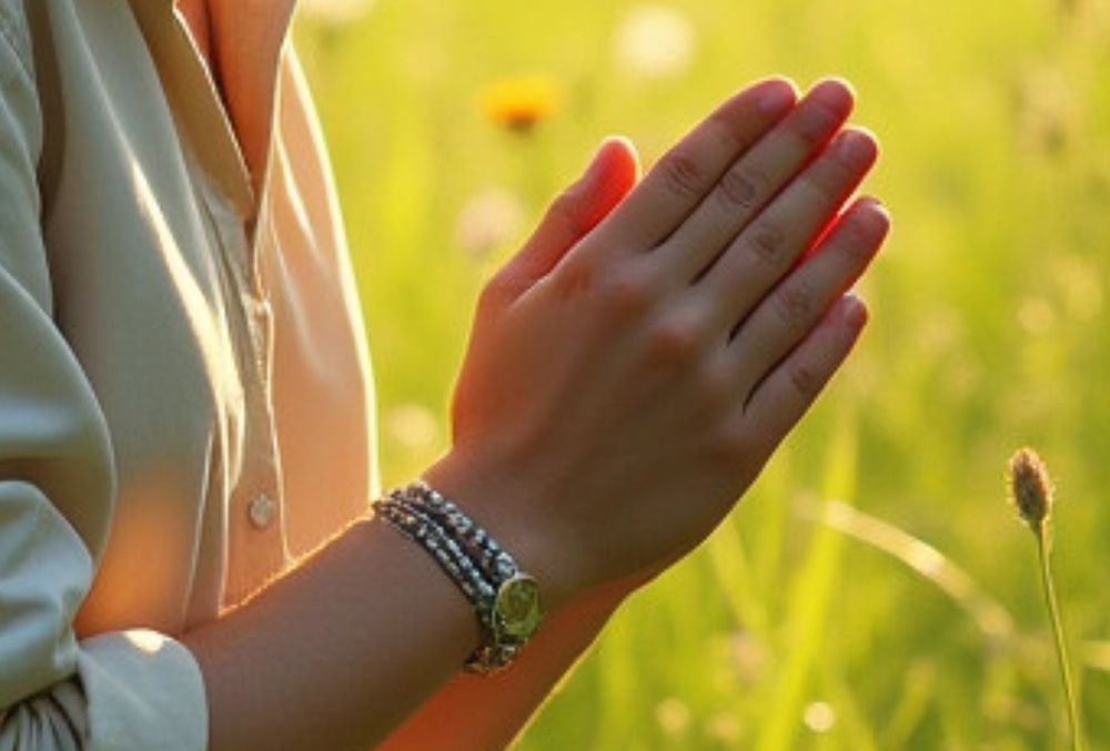 A wonky detail of praying hands from an AI-generated image (Pixabay)