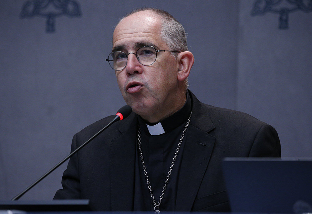 Bishop Matthieu Rougé of Nanterre, France, speaks during a news conference Oct. 4 at the Vatican. (CNS/Justin McLellan)