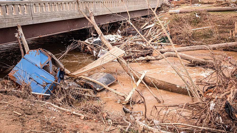 Debris in Swannanoa River, Biltmore Village, Dec. 11, 2024 (Darlene O'Dell)