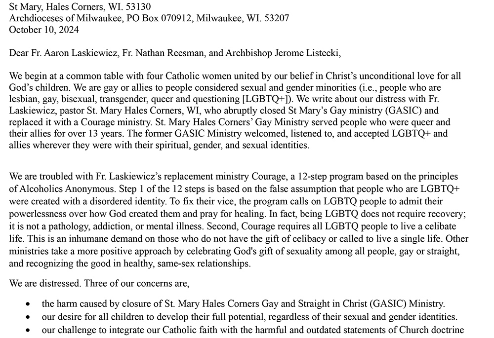 Three Catholic grandmothers, including Jean, wrote and sent a letter to St. Mary Parish pastor Fr. Aaron Laskiewicz; Fr. Nathan Reesman, the Courage/EnCourage chaplain for the archdiocese; and Milwaukee Archbishop Jerome Listecki. Pictured here is the top of the first page. (NCR screengrab)