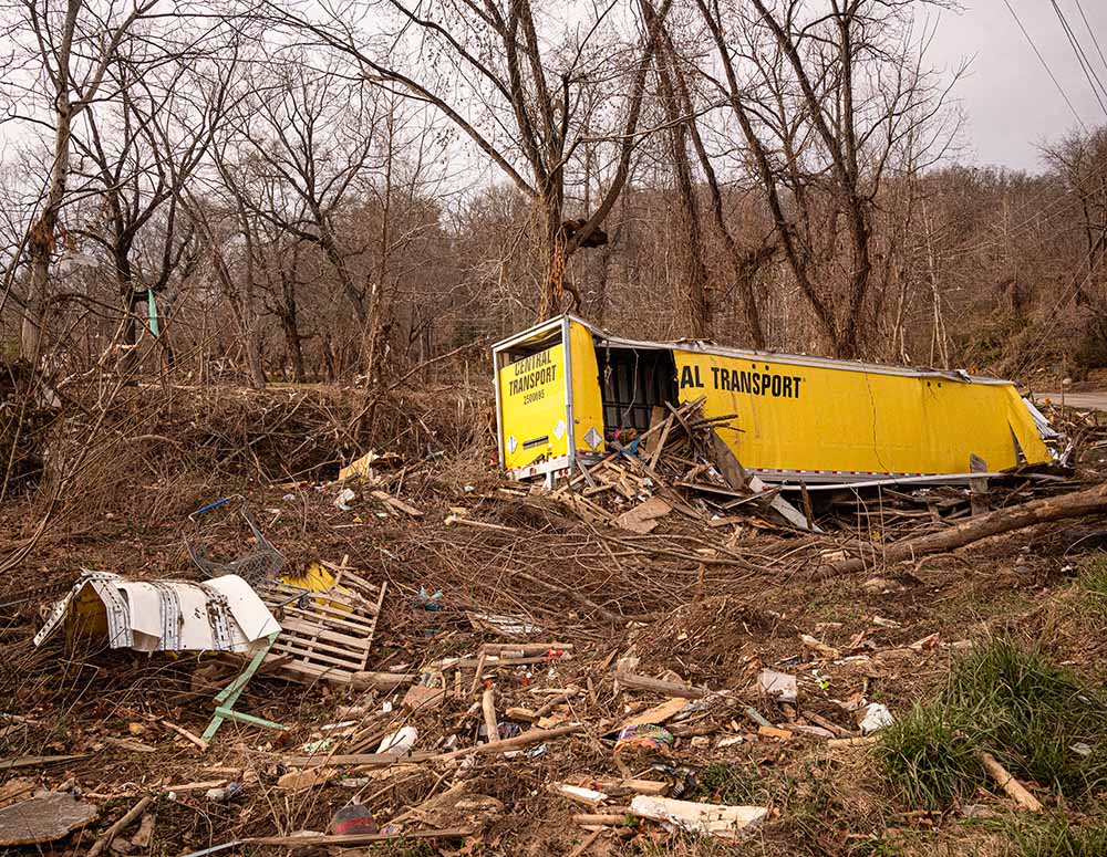 Yellow truck on banks of Swannanoa River, Swannanoa River Road, approximately 3 miles east of Biltmore Village, Dec. 13, 2024 (Darlene O'Dell)