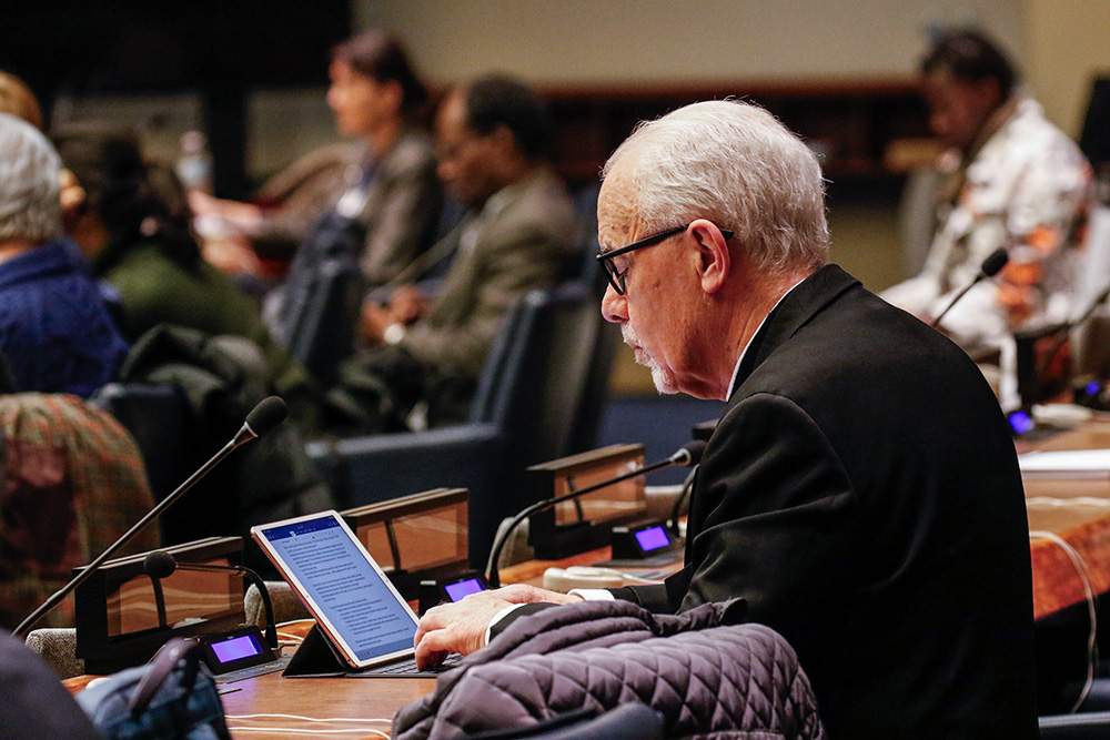 Br. Kevin Cawley, a member of the Congregation of Christian Brothers, is seen at the United Nations in 2018. Cawley is principal representative of Edmund Rice International at the U.N. (CNS/Gregory A. Shemitz)