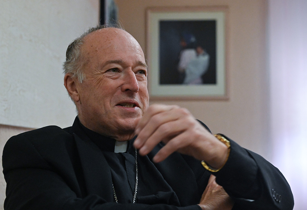 Cardinal Robert McElroy of San Diego, California, speaks to Catholic News Service before taking possession of his titular church, St. Frumentius, in Rome April 23, 2023. Every cardinal is assigned a titular church in Rome, making him a member of the Rome clergy. (CNS/Chris Warde-Jones)