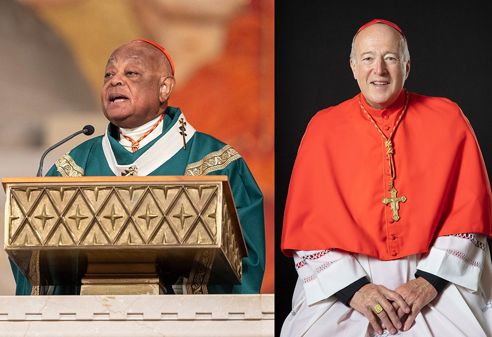 In this OSV News composite photo, Washington Cardinal Wilton Gregory, seen at left, gives his homily during the National Eucharistic Pilgrimage Mass June 9, 2024, at the Basilica of the National Shrine of the Immaculate Conception. Cardinal Robert McElroy, right, is seen in this undated photo provided by the Diocese of San Diego. (OSV News composite/Catholic Standard/Mihoko Owada; Courtesy of the Diocese of San Diego)