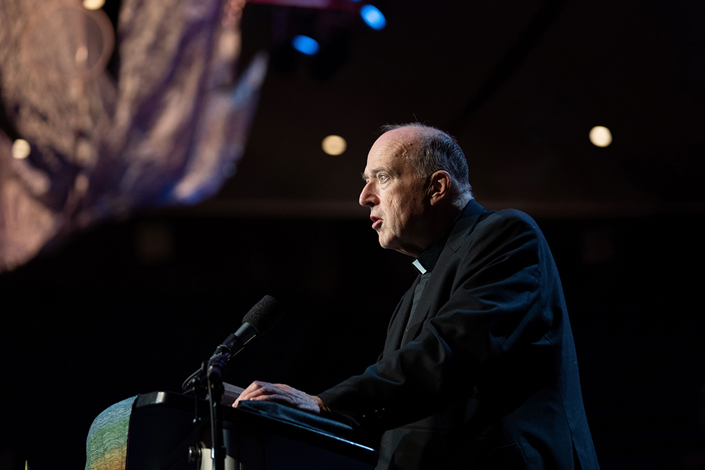 Cardinal Robert McElroy of San Diego gives a talk Feb. 16, 2024, at the Los Angeles Religious Education Congress in Anaheim. (OSV News/Courtesy Archdiocese of LA Digital Team)