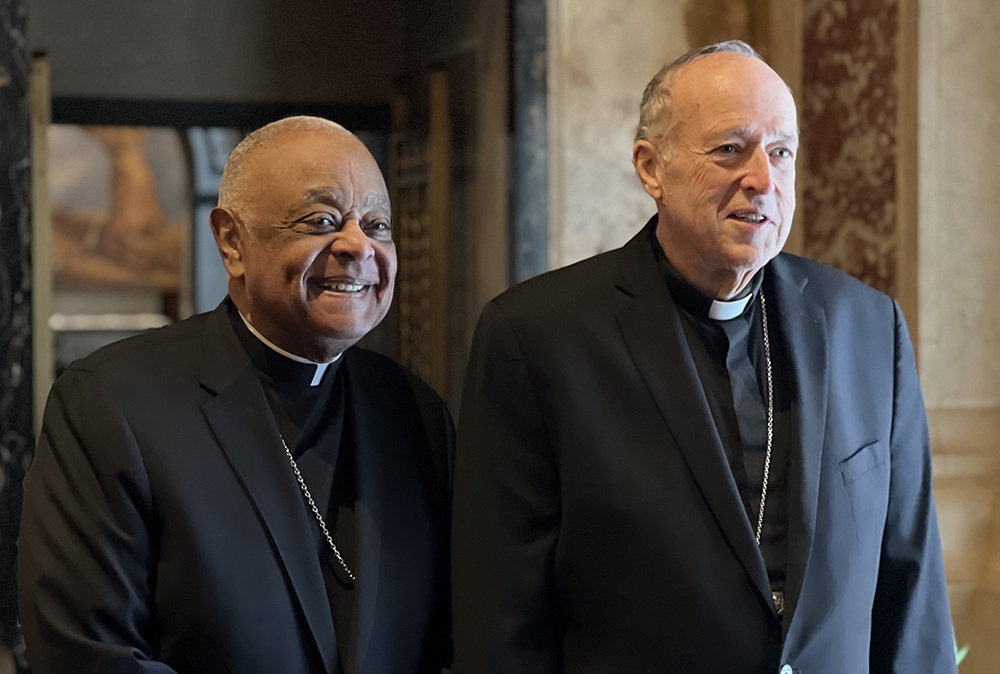 Washington Cardinal Wilton Gregory and Cardinal Robert McElroy leave a Jan. 6, 2025, news conference at the Cathedral of St. Matthew the Apostle in Washington. (OSV News/Archdiocese of Washington/Geoff Ros)