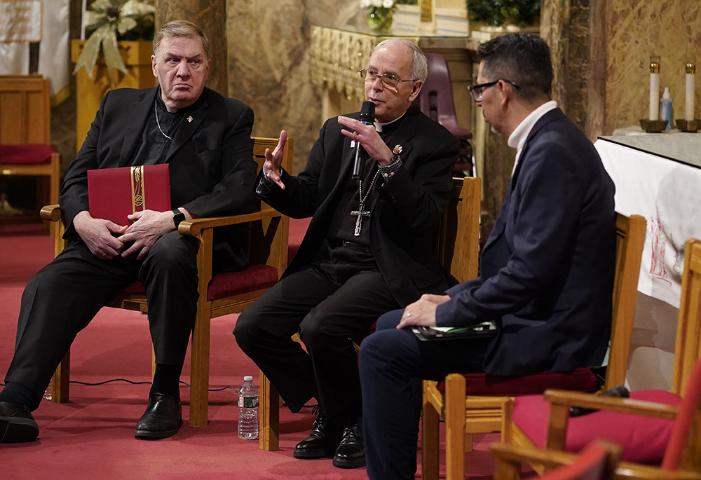 Bishop Mark Seitz of El Paso, Texas, the U.S. bishops' migration committee chairman, speaks at St. Lucy Church in Newark, New Jersey, Jan. 13, during an interfaith gathering of religious leaders committed to supporting immigrants facing the threat of mass deportation by the incoming Trump administration. At left is Cardinal Joseph Tobin of Newark. The event was co-sponsored by the Archdiocese of Newark and Faith in Action, an international faith-based organizing network. (OSV News/Gregory A. Shemitz)