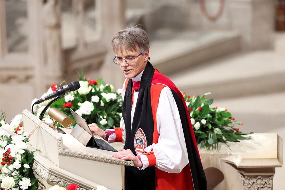 Bishop Mariann Edgar Budde delivers the sermon at a national prayer service Jan. 21, 2025, at the Washington National Cathedral with U.S. President Donald Trump, first lady Melania, U.S. Vice President JD Vance and second lady Usha Vance in attendance. (OSV News/Reuters/Kevin Lamarque)