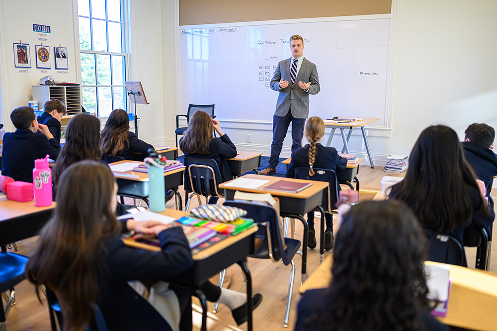 Latin and history teacher Peter Dowdy speaks with a classroom of students at St. Benedict Classical Academy in South Natick, Massachusetts, in this undated photo. (OSV News/Courtesy of Jay Boren)