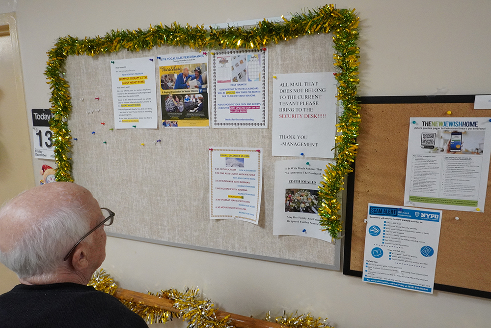 A bulletin board with announcements of programs and activities for residents of Kittay New Jewish Home in the Bronx, New York, Dec. 13, 2024. (NCR photo/Camillo Barone)