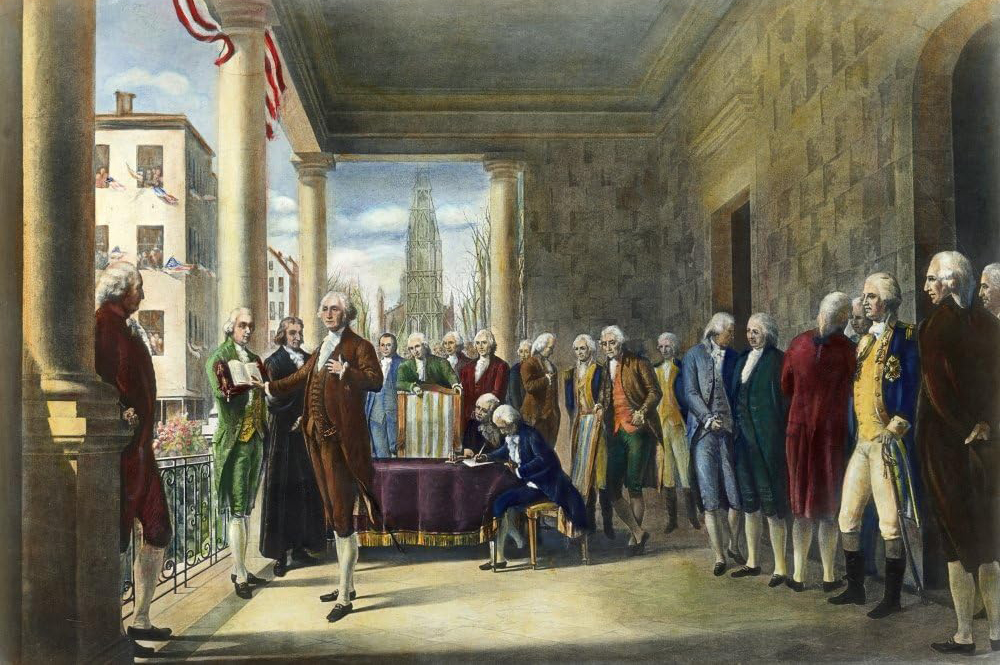 Oil painting of George Washington's inauguration as the first President of the United States which took place on April 30, 1789. (Ramon de Elorriaga/Encyclopedia Britannica/Wikimedia Commons)