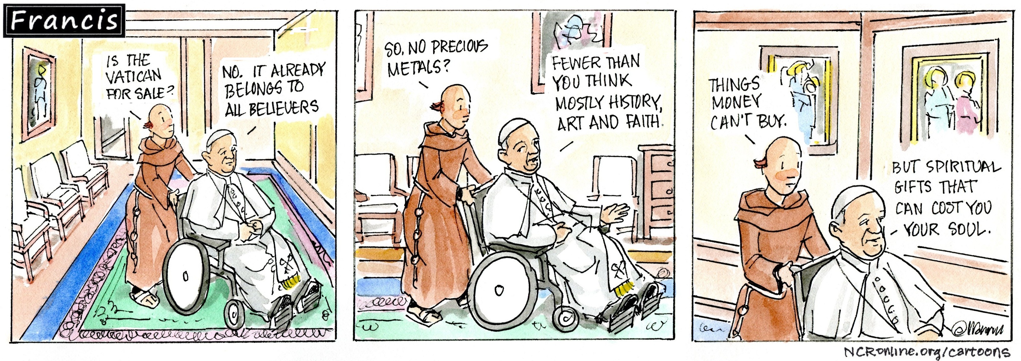 Francis, the comic strip: Brother Leo asks Francis about the treasures that can be found at the Vatican.