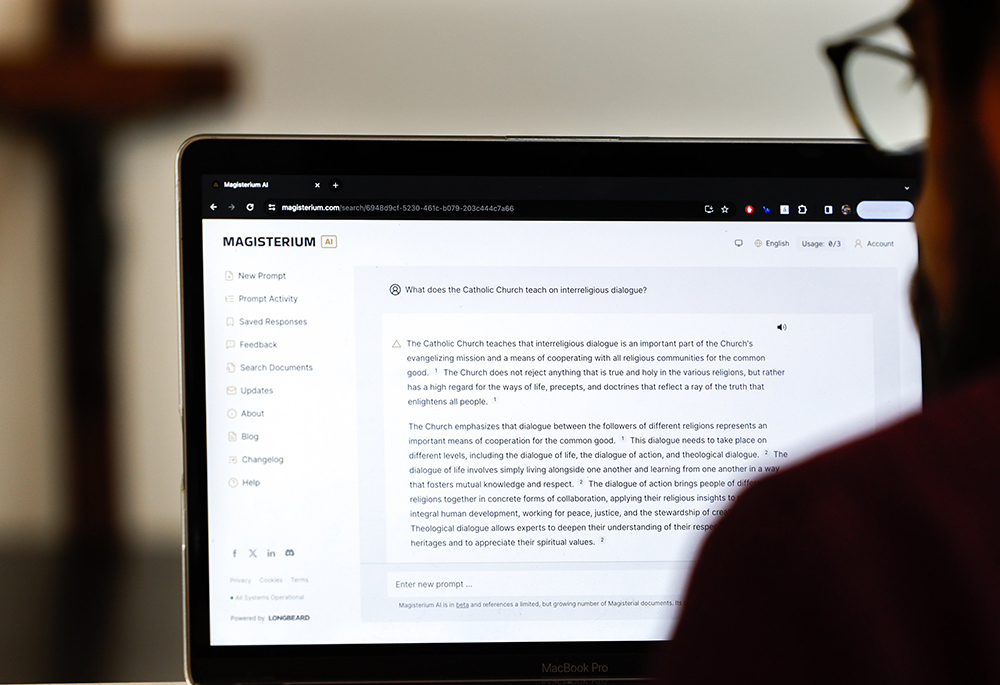 A person uses MagisteriumAI, an artificial intelligence system trained to provide answers about the teachings of the Catholic Church, in this illustration photo taken in Rome April 23, 2024. The development of large language models, generative AI systems and robotic-assistant learning are already fundamentally altering the educational landscape, writes Ilia Delio. (CNS/Lola Gomez)