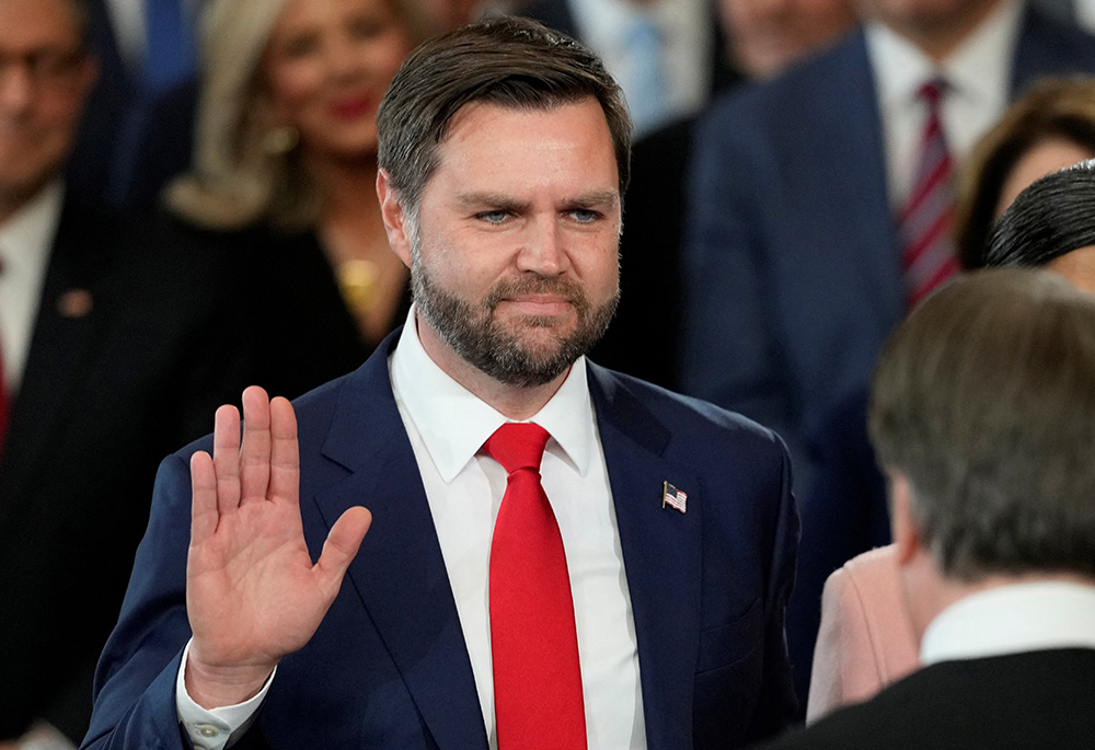 JD Vance is sworn in as vice president by Supreme Court Justice Brett Kavanaugh as Usha Vance holds the Bible during the 60th presidential inauguration in the Rotunda of the U.S. Capitol Jan. 20 in Washington. (OSV News/Julia Demaree Nikhinson, Pool via Reuters)