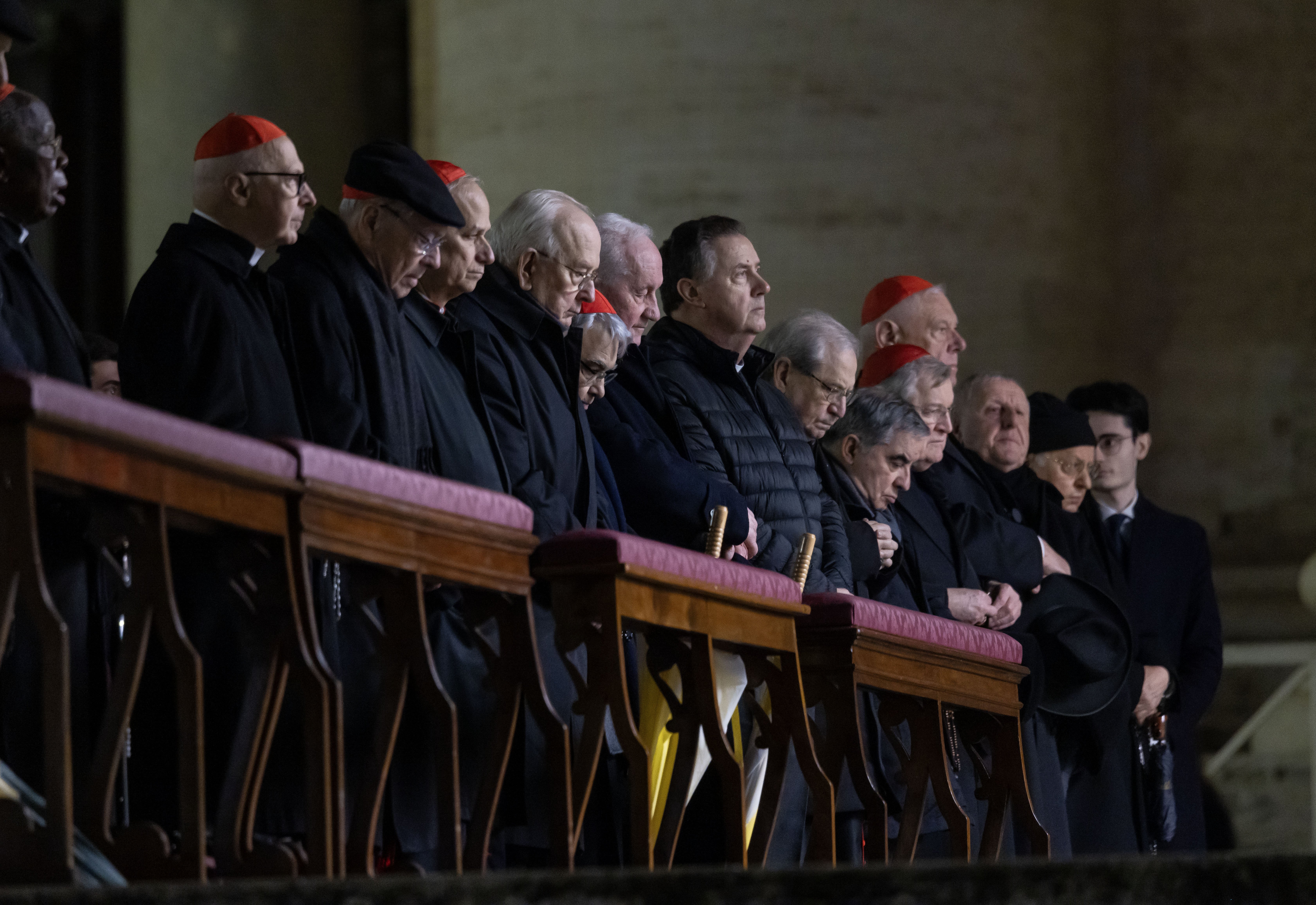 Cardinals pray for Pope Francis in St. Peter's Square at the Vatican Feb. 24, 2025