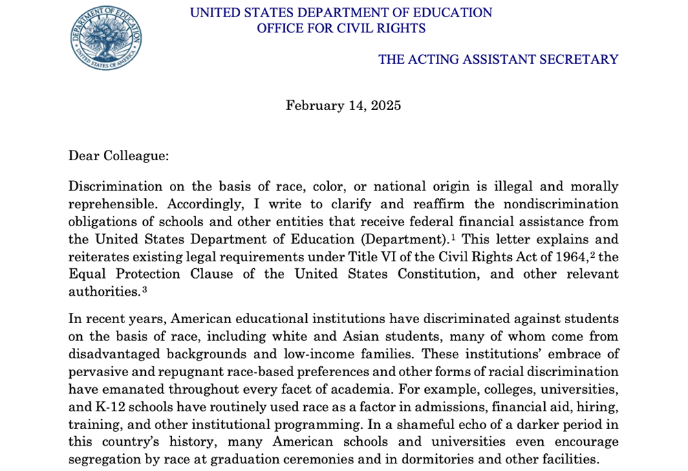 The U.S. Department of Education sent a letter dated Feb. 14 to schools and universities nationwide, demanding schools cease using race in nearly any aspect of student life or "face potential loss of federal funding." (NCR screenshot)