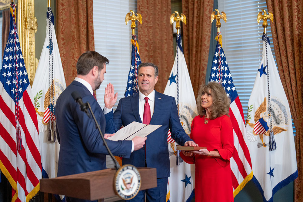 Vice President JD Vance swears in John Ratcliffe as director of the CIA at the Eisenhower Executive Office Building in Washington, Jan. 23, 2025. Holding the Bible is Ratcliffe's wife, Michele. (Wikimedia Commons/Office of Vice President of the United States)