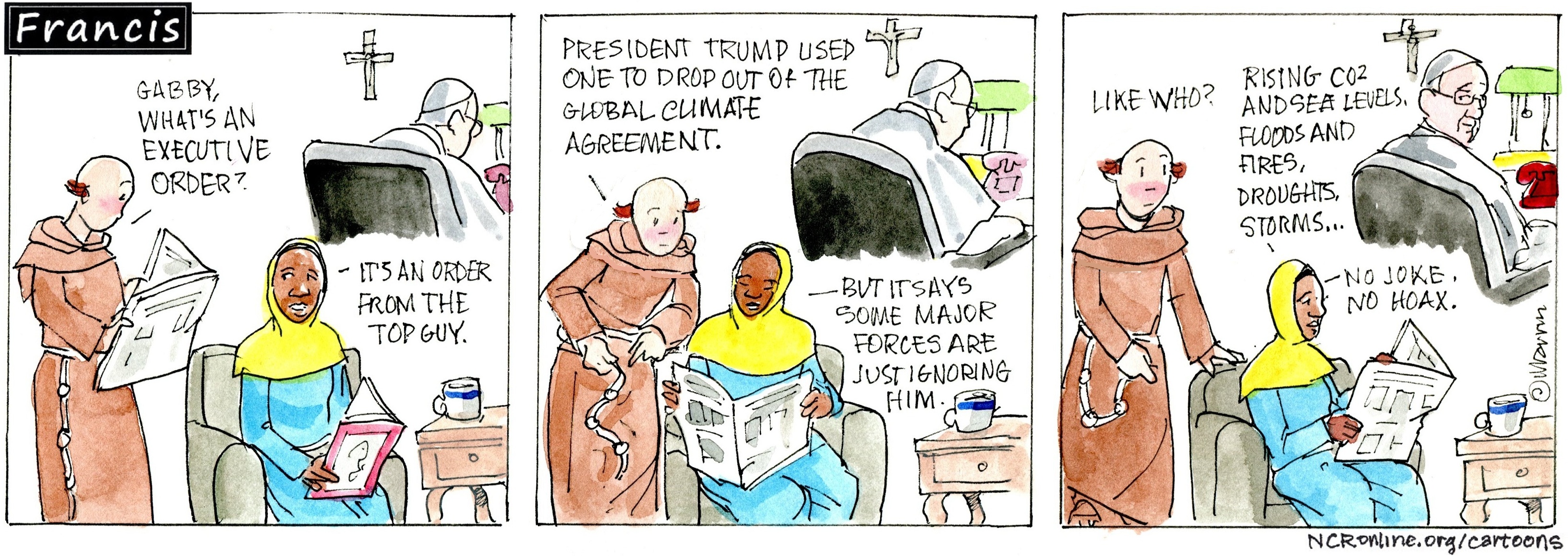 Francis, the comic strip: Gabby and Brother Leo discuss the ramifications of executive orders.