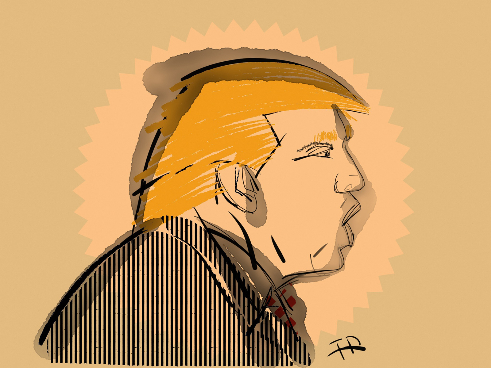 Sketch-like caricature of Donald Trump in profile. 