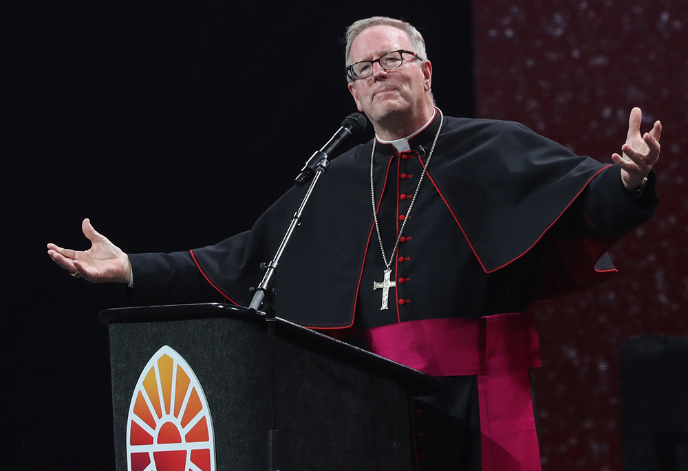 Bishop Robert Barron of Winona-Rochester, Minnesota, speaks during the July 20, 2024, revival night of the National Eucharistic Congress at Lucas Oil Stadium in Indianapolis. (OSV News/Bob Roller)