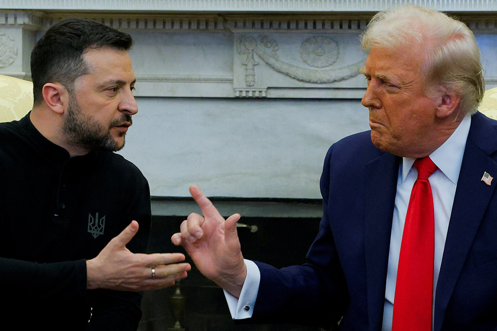 Ukrainian President Volodymyr Zelenskyy, left, and U.S. President Donald Trump, right, have a heated exchange during a meeting in the Oval Office at the White House in Washington Feb. 28, 2025. (OSV News/Reuters/Brian Snyder)