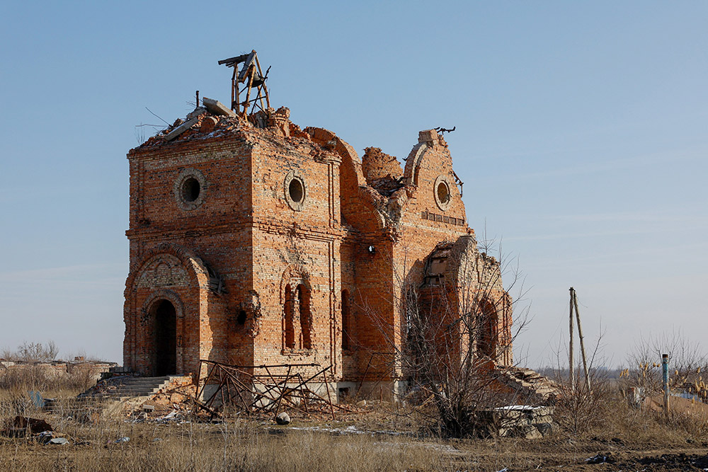 The destroyed Church of the Holy Myrrh-Bearing Women in Pisky, Ukraine, is seen Feb. 11, 2025, amid the ongoing Russia-Ukraine conflict. (OSV News/Reuters/Alexander Ermochenko)