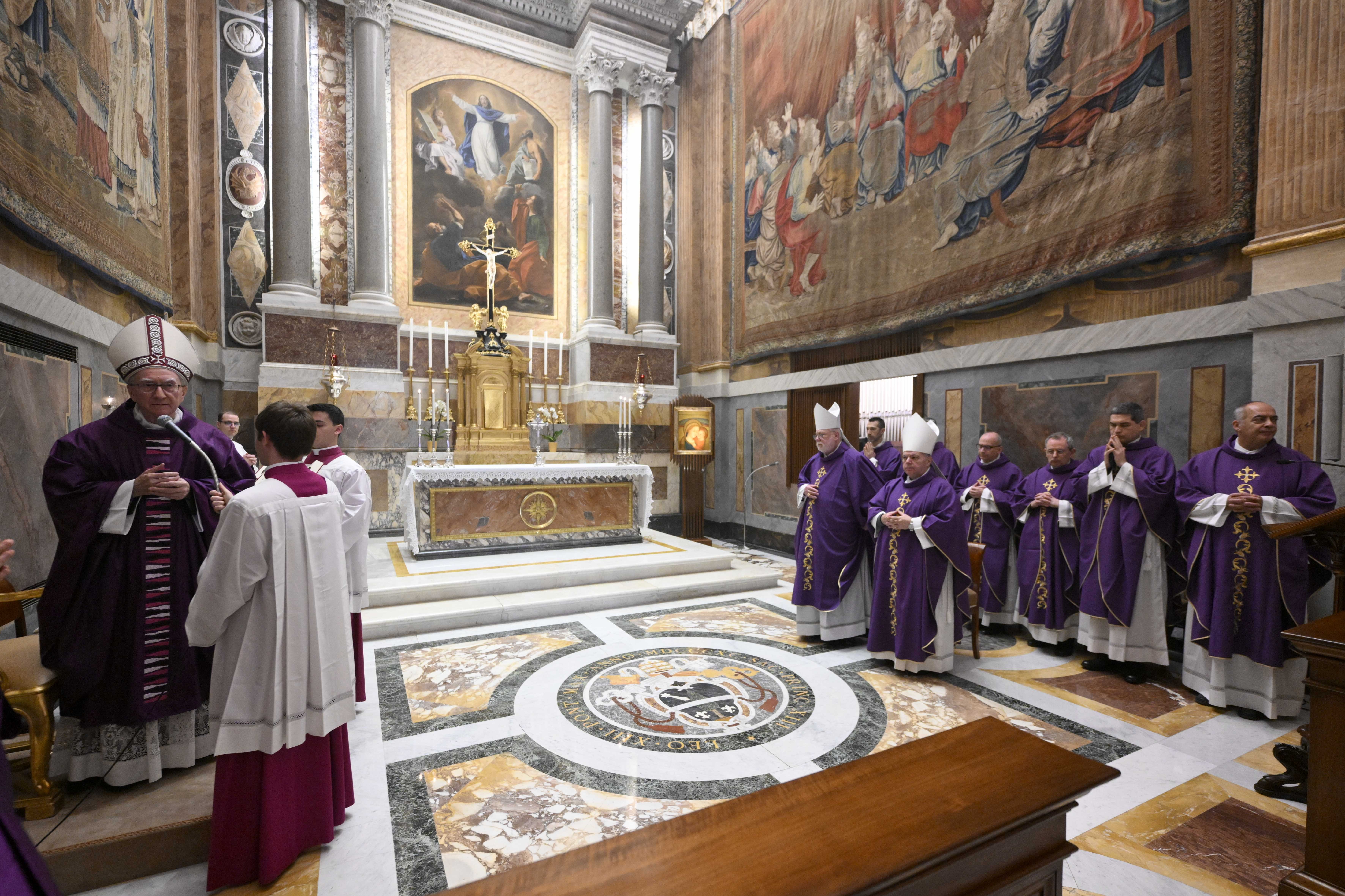 CARDINAL PAROLIN AND DIPLOMATS MASS FOR POPE FRANCIS Cardinal Pietro Parolin, Vatican secretary of state, celebrates a Mass to pray for Pope Francis with ambassadors accredited to the Holy See in the Pauline Chapel of the Apostolic Palace at the Vatican March 14, 2025. Bishops and priests working in the Secretariat of State concelebrated. (CNS photo/Vatican Media)