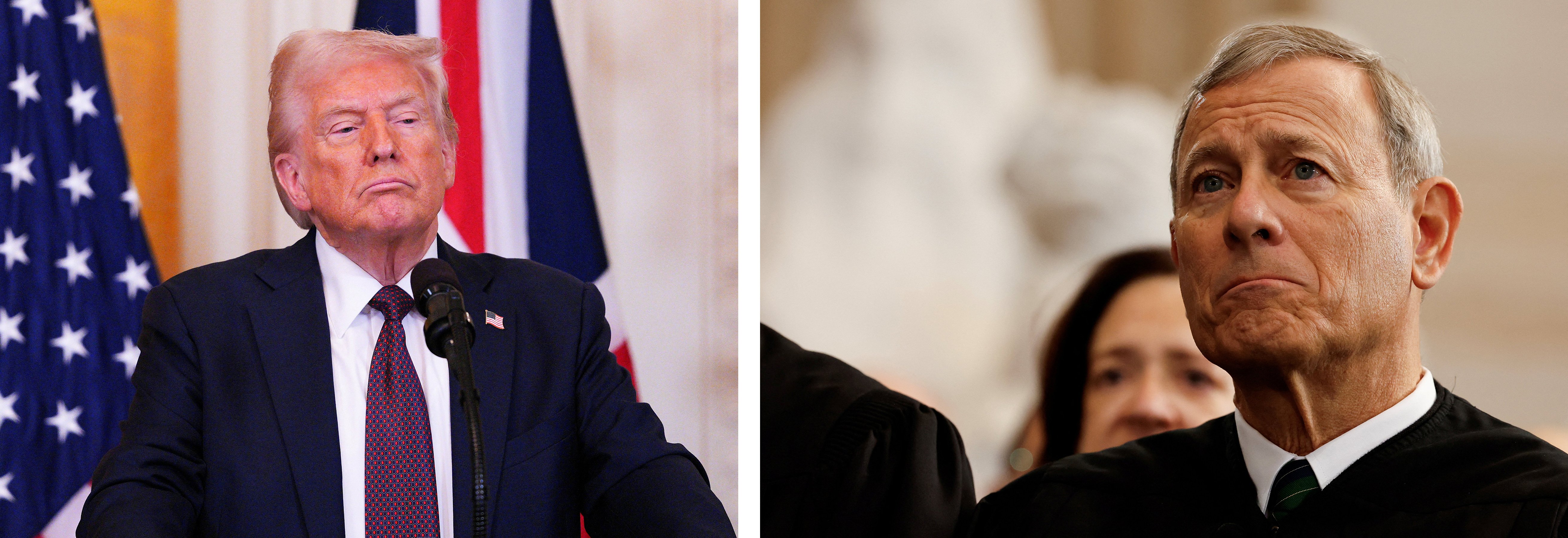 Trump and Roberts: U.S. President Donald Trump is pictured during a news conference at the White House in Washington Feb. 24, 2025, and Chief Justice John Roberts attending Trump's inauguration ceremonies in the Rotunda of the U.S. Capitol in Washington Jan. 20