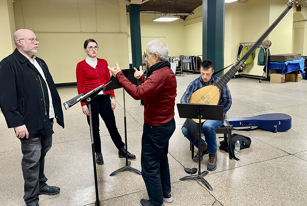 Academy of Sacred Drama's classically trained mime, Tony Lopresti, teaches singers and players dramatic movements during a rehearsal in a basement of an Upper West Side church in New York City in February. (NCR photo/Camillo Barone)