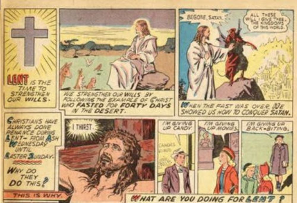 The comic book "Treasure Chest of Fun & Fact," published 1946-1972, focused on Catholic doctrine and American patriotism. Above are two panels from "God's Gift is Lent," in the first issue, dated March 12, 1946. (Courtesy of Catholic University of America